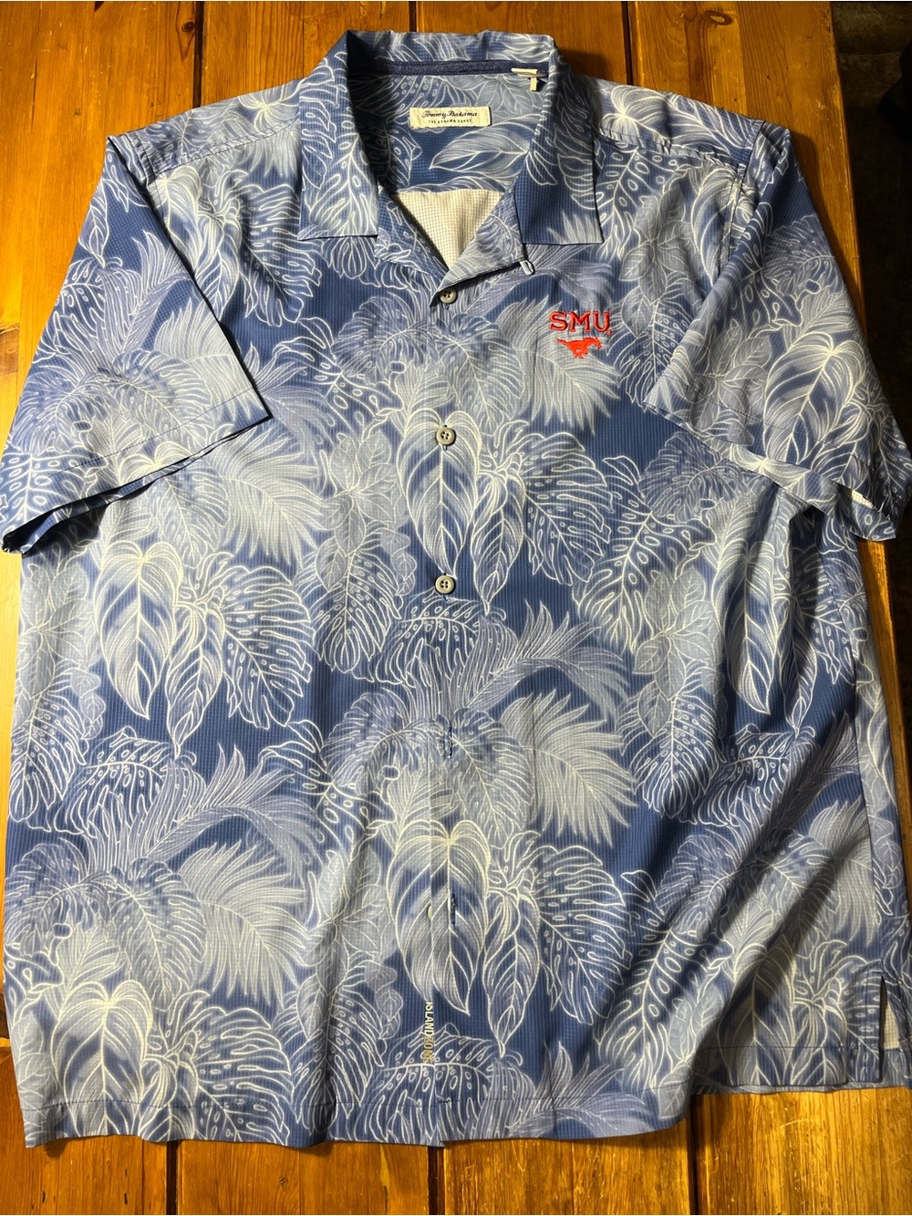 Tommy Bahama Blue Short-Sleeve Palm Print Camp Shirt with Red SMU Logo